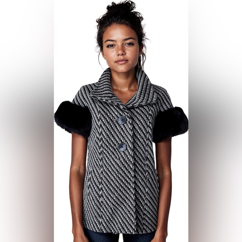 Wool Tweed Short Sleeve Jacket w/ Fox Cuffs